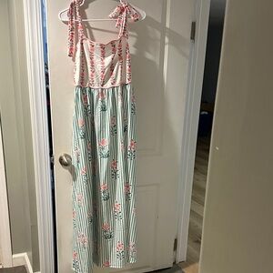 Floral Striped Maxi Dress with Bow Straps